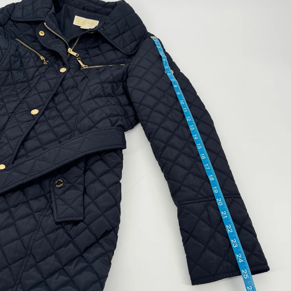 Michael Kors Quilted Belted Jacket L Navy with Gold Hardware
